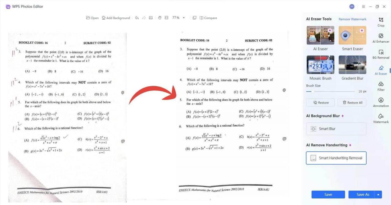 WPS Photos Ștergător AI de scriere de mână: