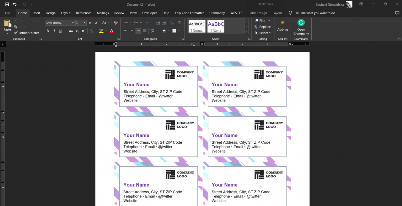 Business Cards editing in Word with Templates