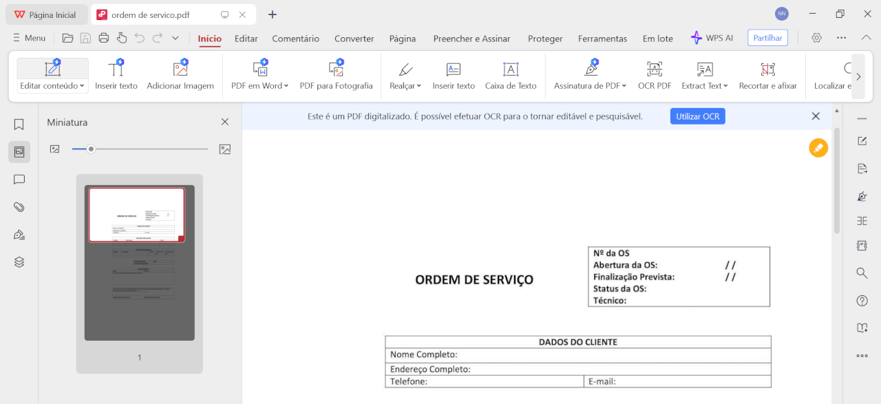 editando conteúdo da OS em PDF no WPS
