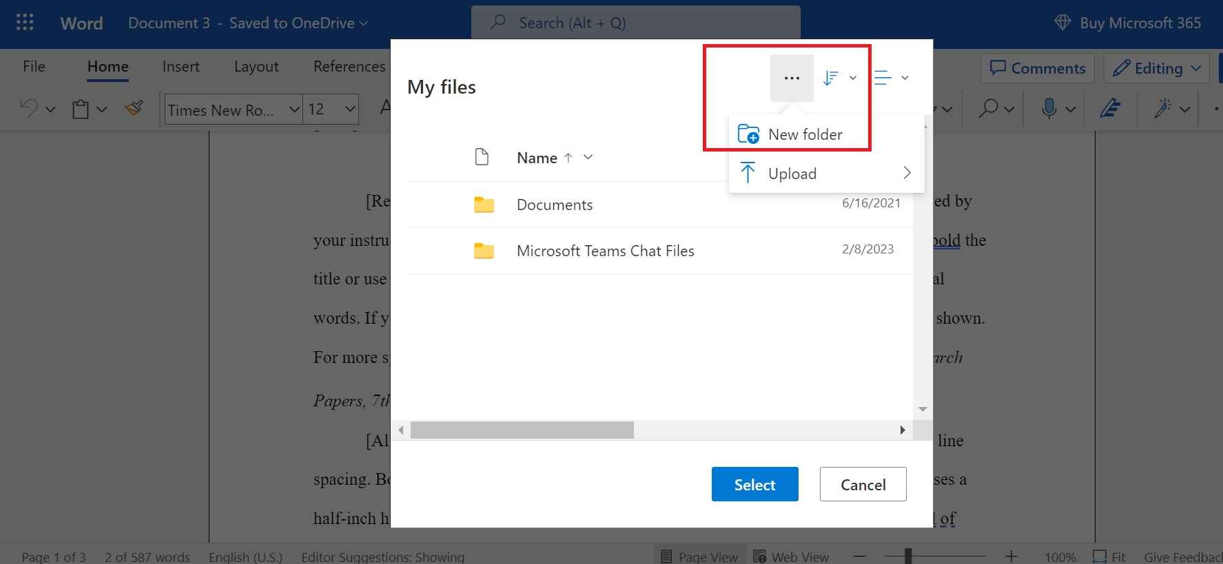 Creating a new folder in OneDrive