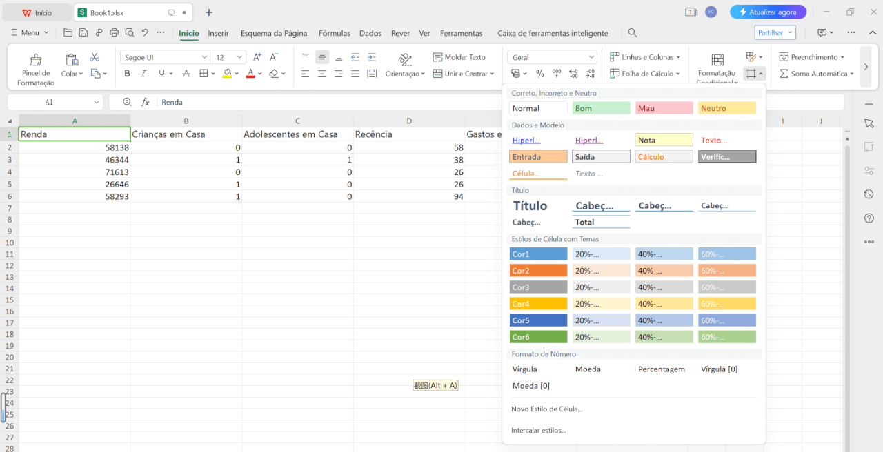 Opção de Estilos de Célula na Planilha do WPS