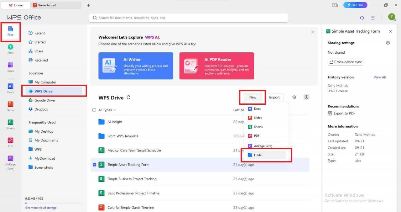 WPS Cloud create new folder