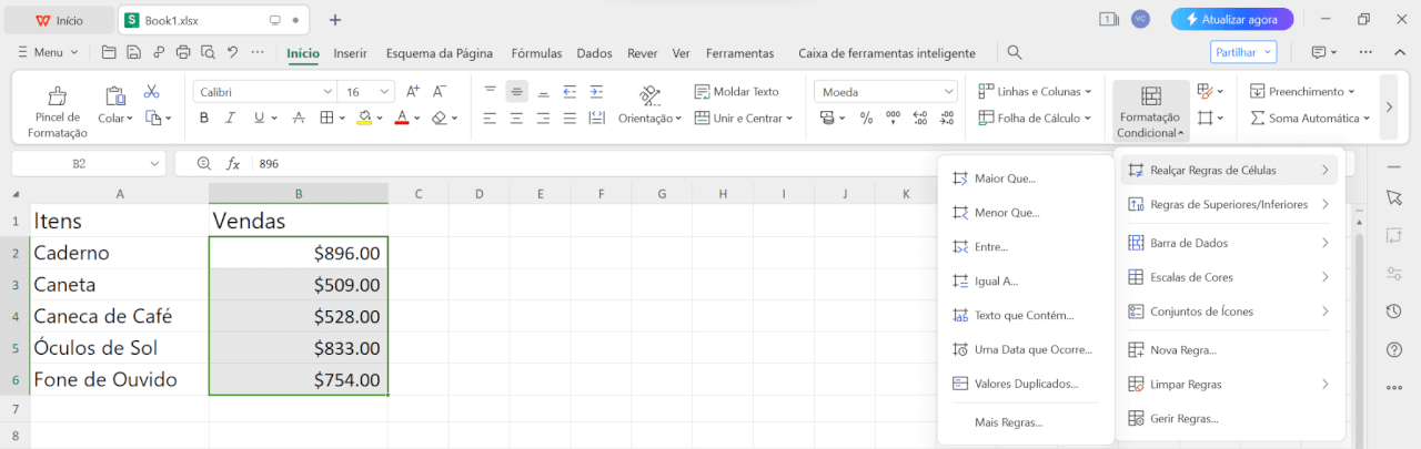 Regras de Destaque de Células na Planilha do WPS