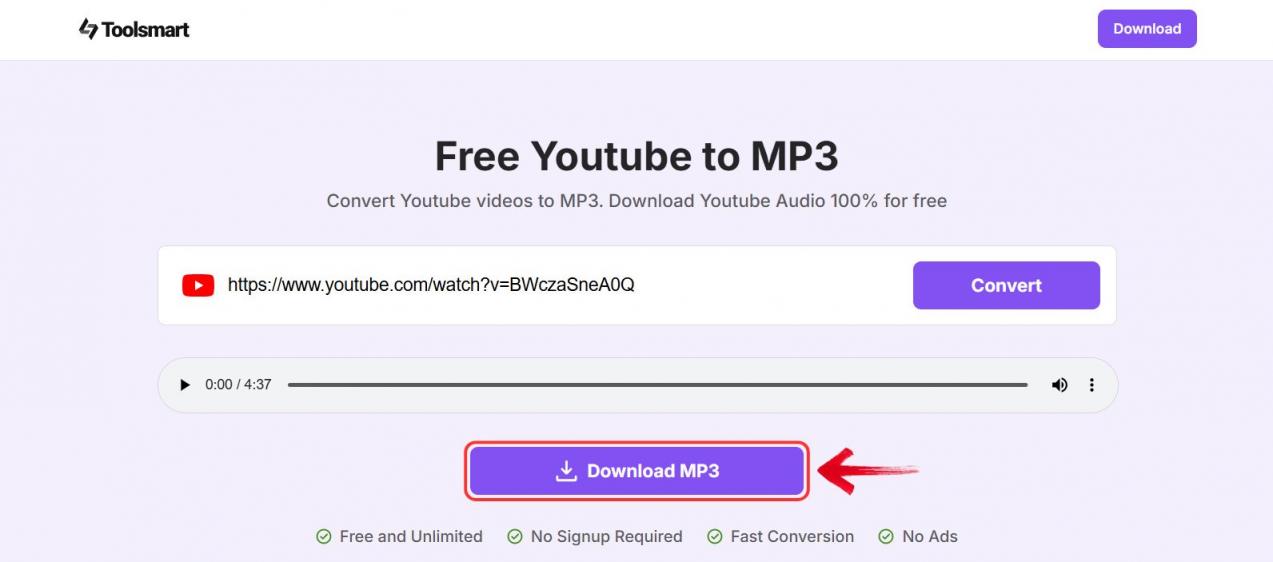 Download MP3 file from Toolsmart YouTube to MP3 converter