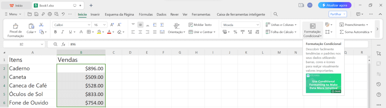 Opção de Formatação Condicional na Planilha do WPS