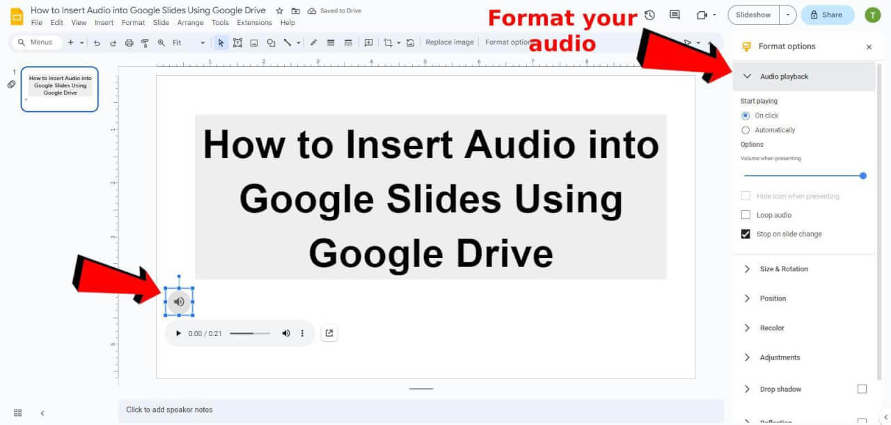 Google Slides audio formatting