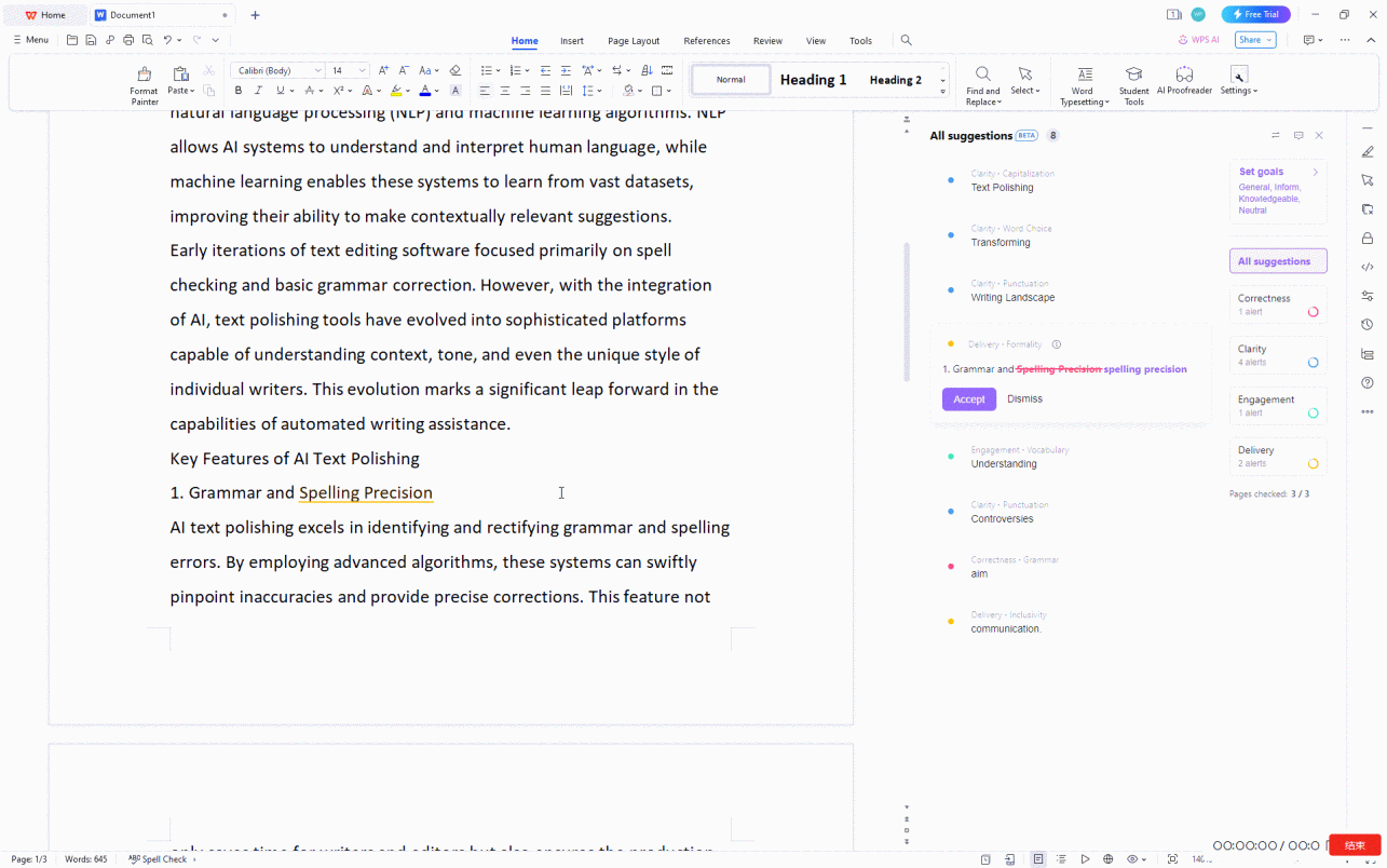 WPS AI Proofreader in action