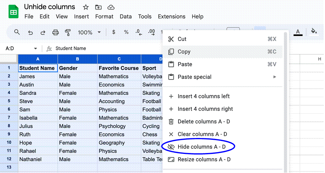 Hiding multiple adjacent columns