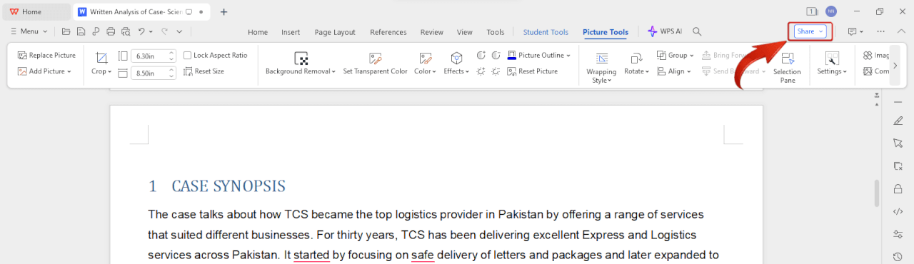 WPS Writer 공유 버튼