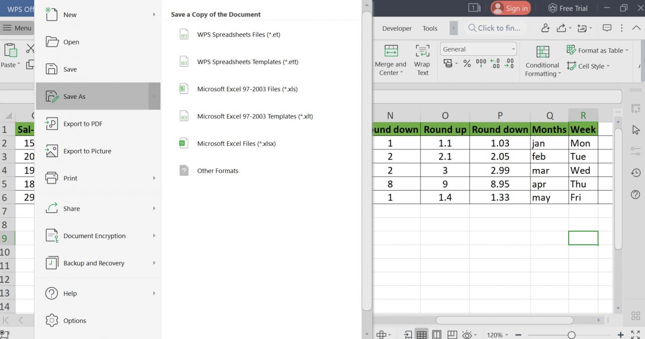 Iba't ibang mga option sa pag-save ng WPS Spreadsheet