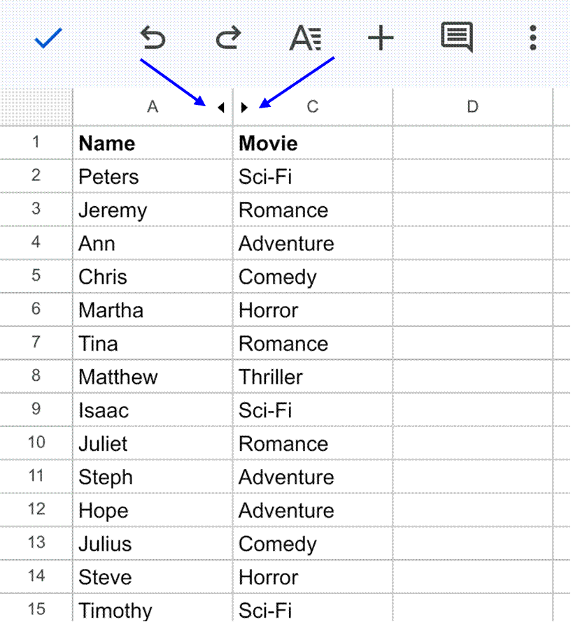 Tap on either of these arrows to unhide columns
