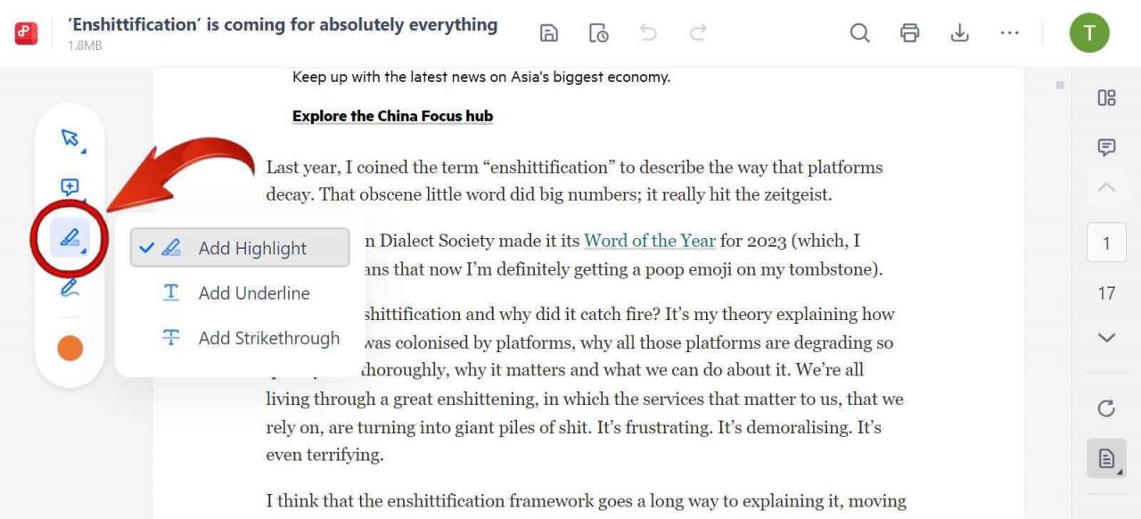 Alat Sorot Ekstensi PDF WPS