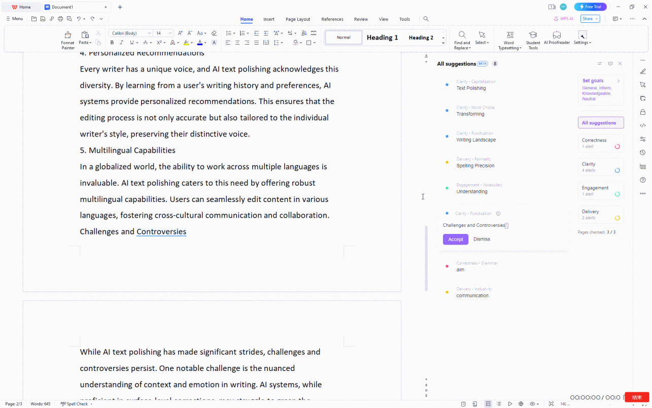 WPS AI Proofreader suggestions and corrections