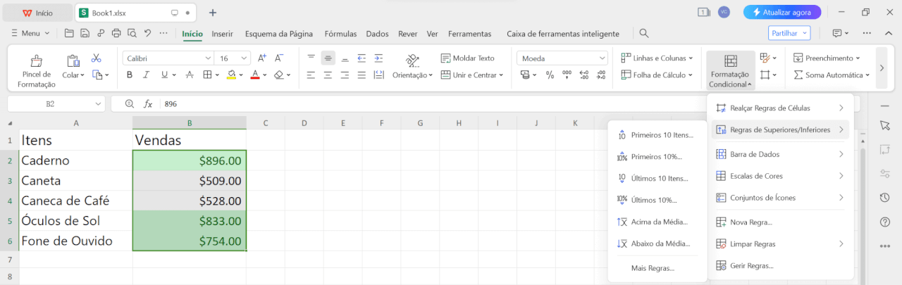 Regras de Principais/Últimas na Planilha do WPS