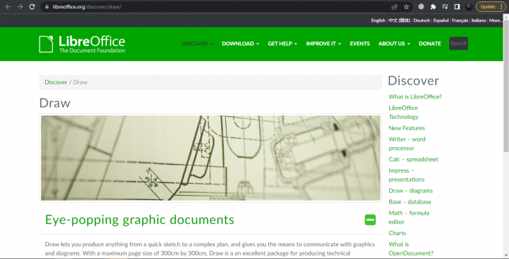 LibreOffice Draw-Startseite mit einem Artikel über Zeichnen