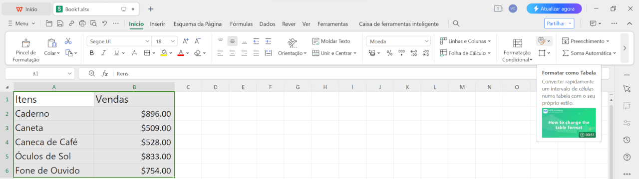Formatar Como Tabela na Planilha do WPS