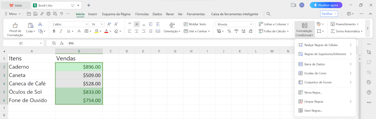 Outras opções de Formatação Condicional na Planilha do WPS