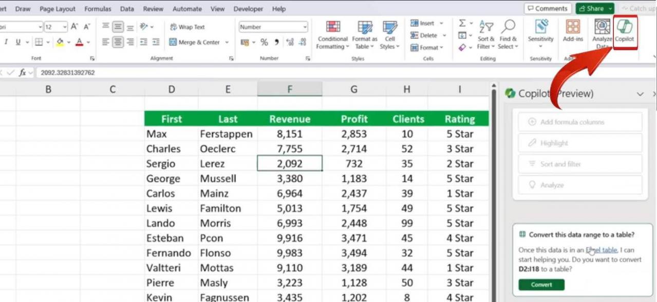 Copilot în Excel