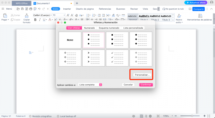 Personaliza la viñeta para usarla como casillas de verificación