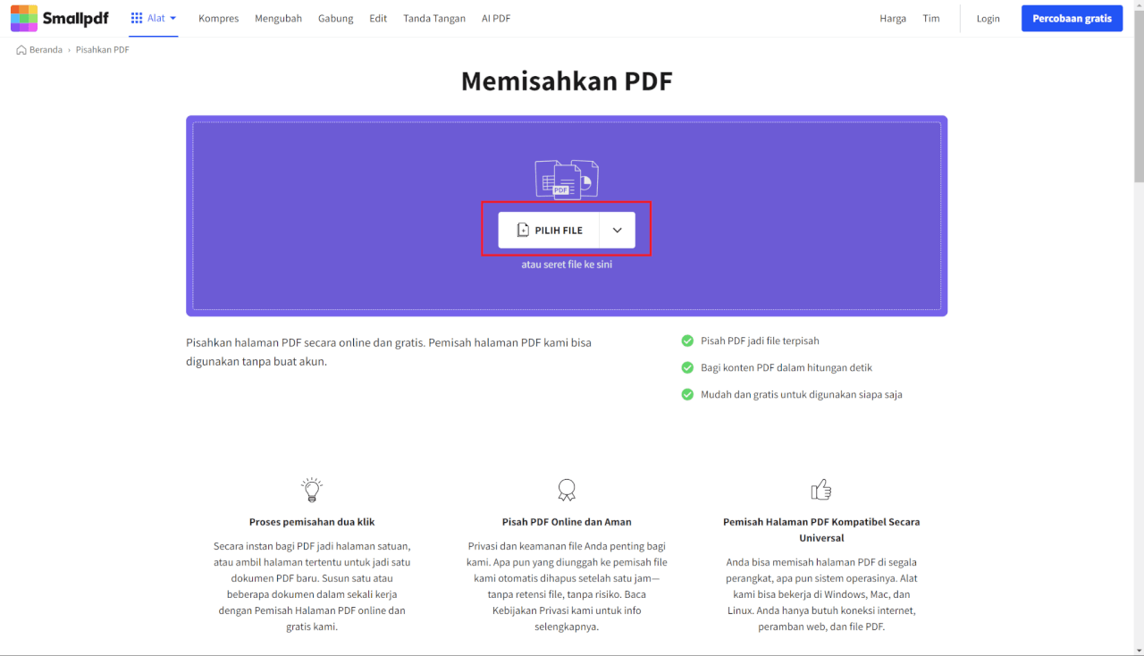Unggah file untuk mengekstrak halaman.