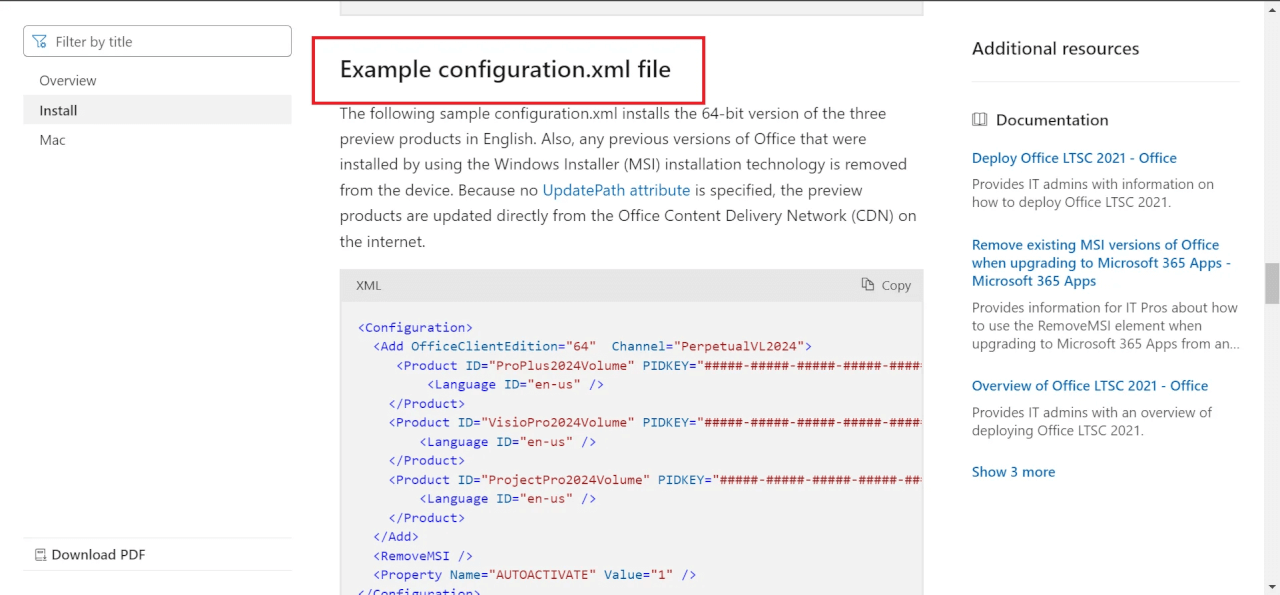 ตัวอย่างไฟล์ XML การกำหนดค่า MS Office 2024