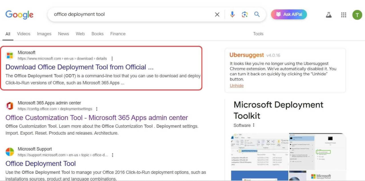 wyniki wyszukiwania narzędzia wdrażania pakietu Office w Google
