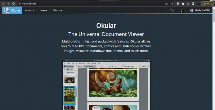 Okular Homepage with a cute comic illustration