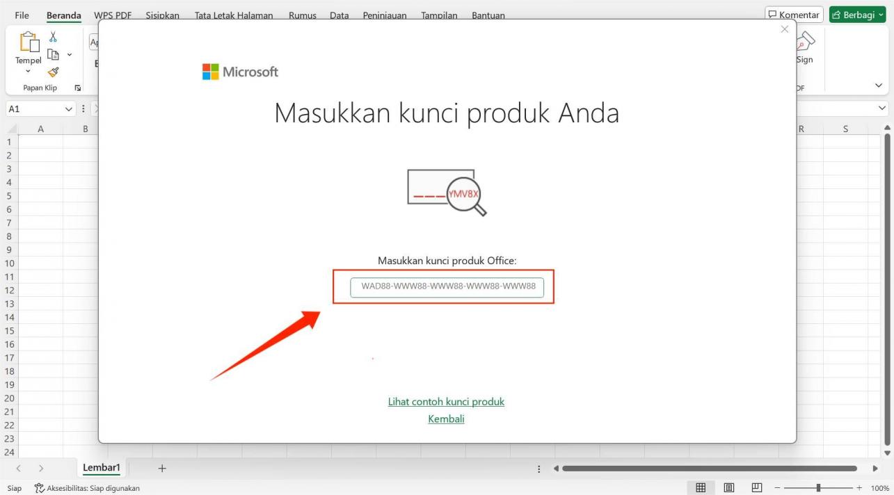 Tampilan memasukkan product key di Microsoft Office 2019