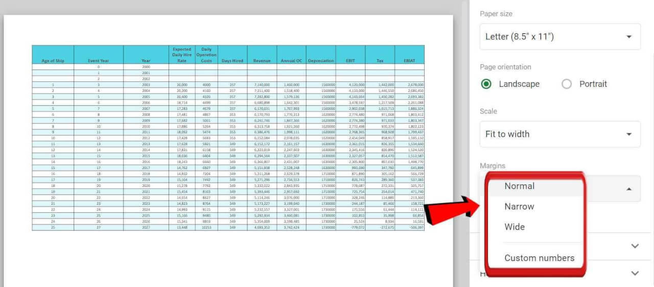 Google sheets Print margins