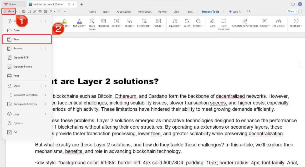 WPS Writer File menu