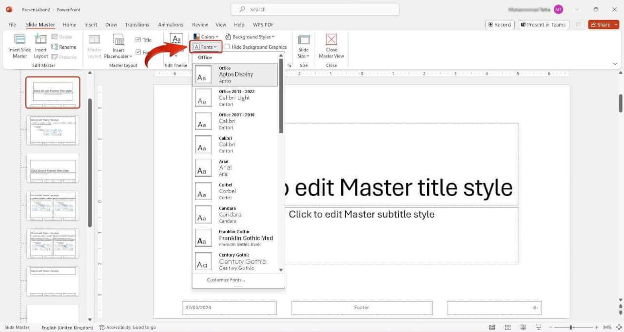 Microsoft PowerPoint Slide Master fonts