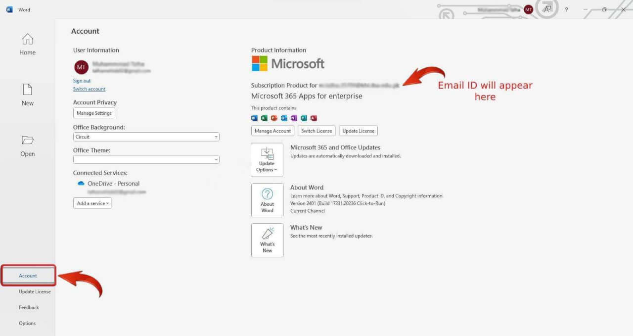 Microsoft Office sprawdź informacje o koncie w aplikacji