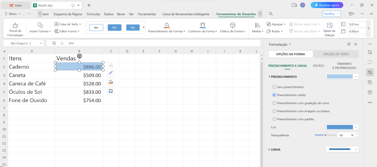 Ajustar Transparência da Forma na Planilha do WPS