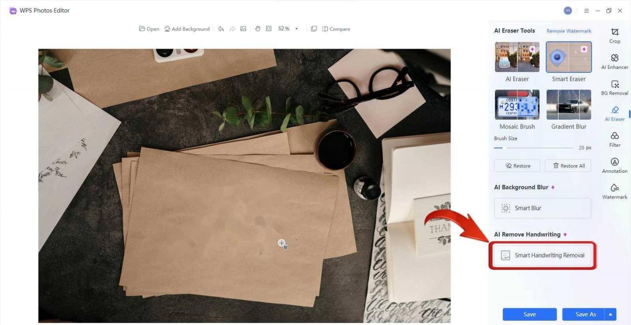 כלי מסיר כתב יד חכם של WPS Photos