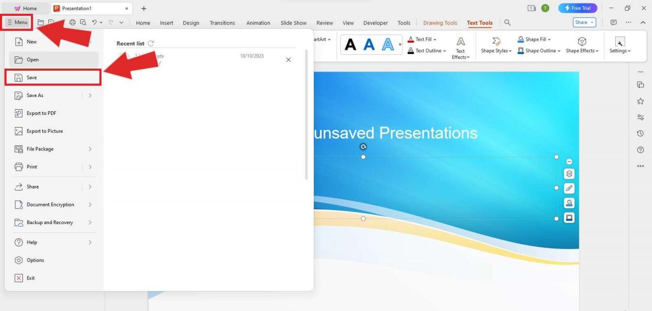 WPS Presentation save presentation on your system