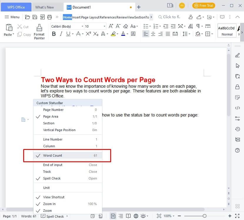 status bar to check words number