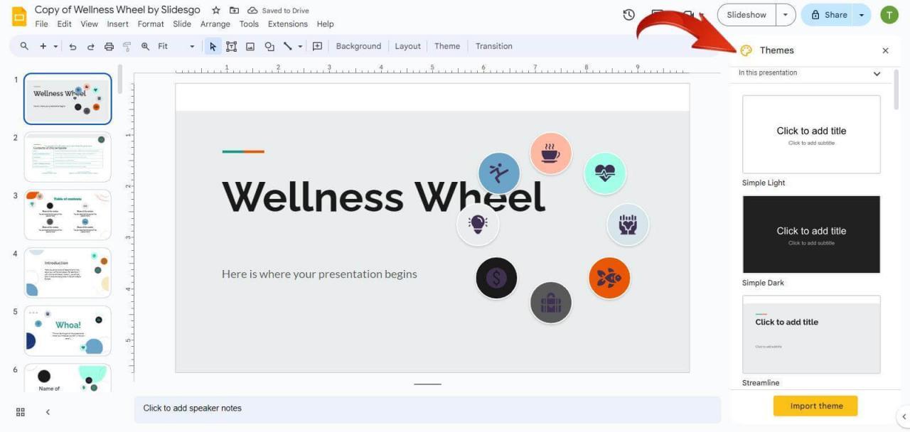 Google Slides selecionar um novo tema para seu slide