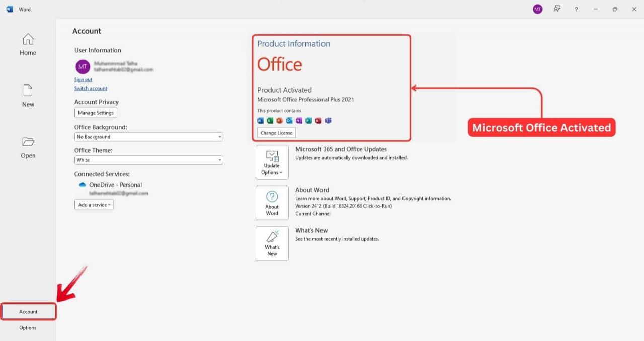 Office Professional Plus 2021 aktivoituna Office Customization Toolin avulla