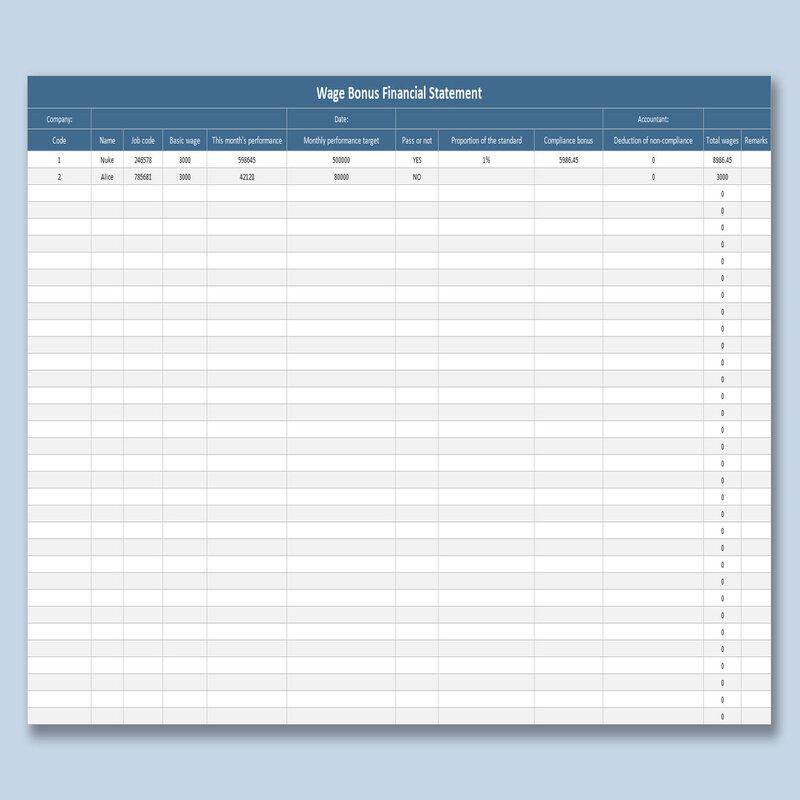 Wage Bonus Financial Statement Template