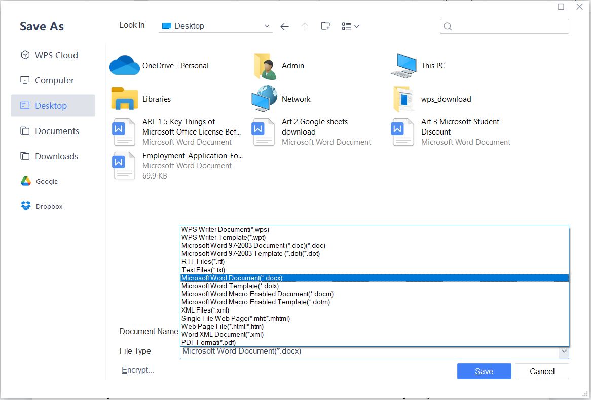 select the MS Office format