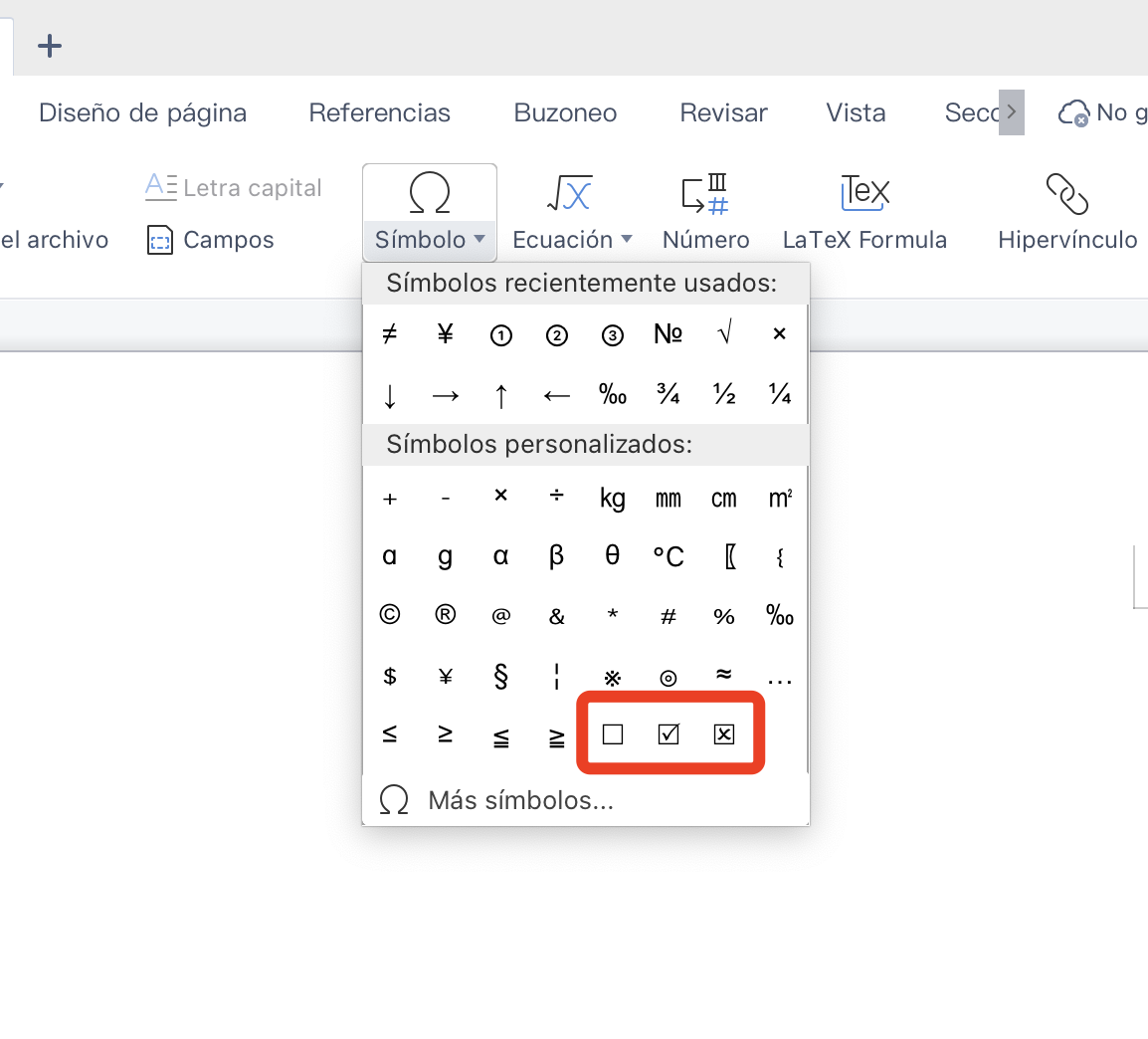 Haz clic en las casillas para seleccionar este símbolo