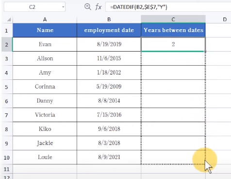 Move your cursor to the lower right corner of cell C2 and drag down