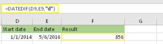 number of days between two dates excel