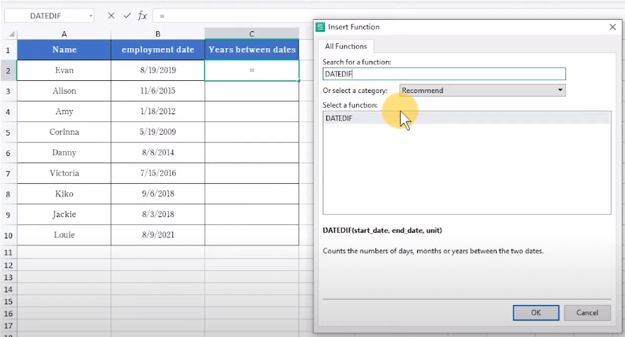 In the 'Search for Function' dialog box, type DATEDIF