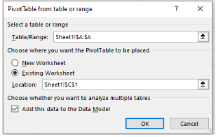 Excel pivot table dialog