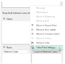 Excel value field settings