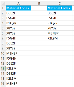 Excel distinct values displayed
