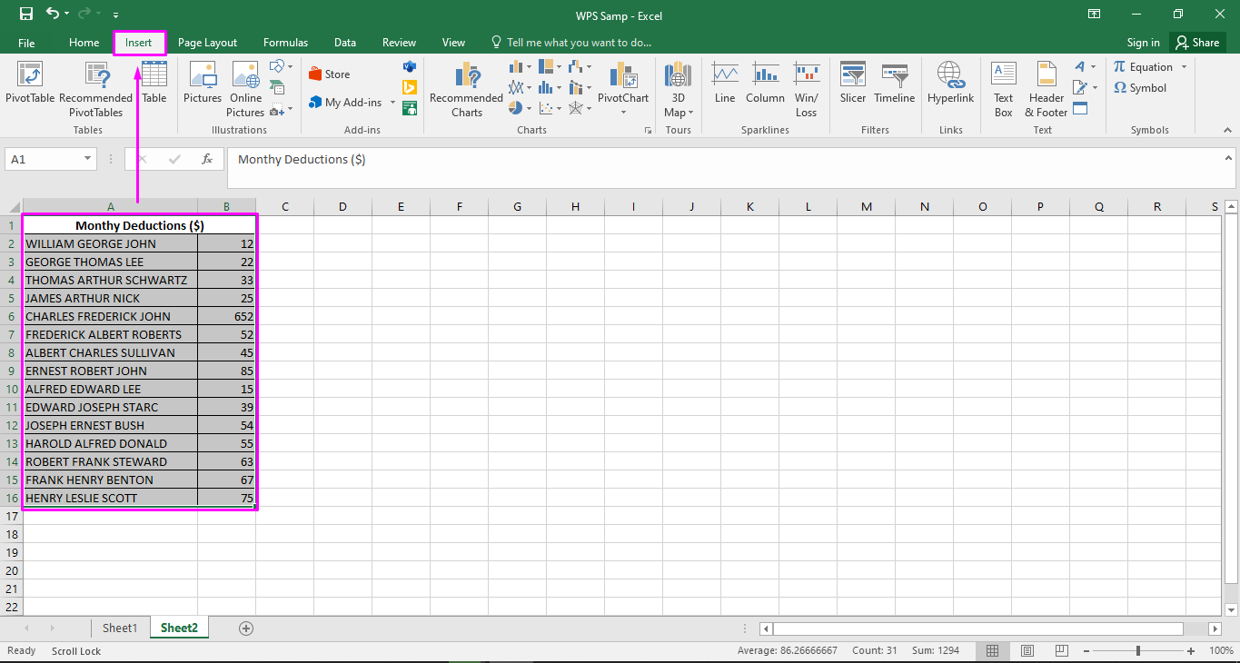 Selected data on Excel