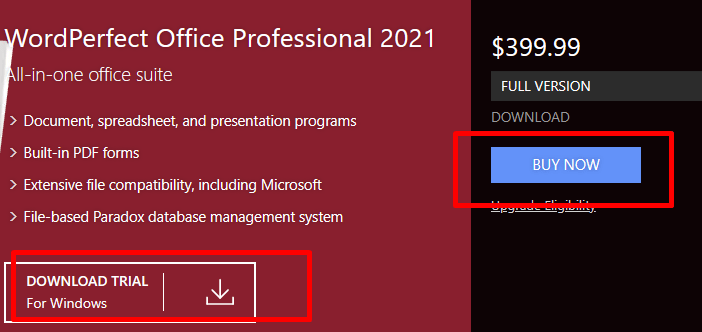 WordPerfect product choosing version landing page