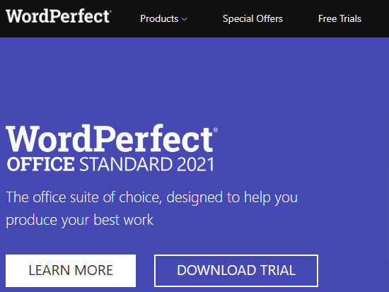 WordPerfect first landing page